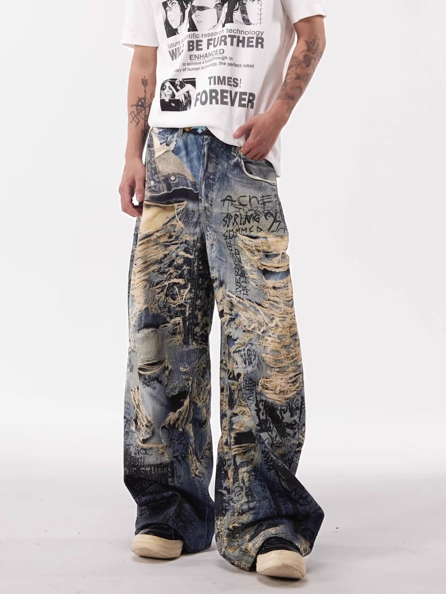 Y2K Graffiti-destructive 3D digital distressed jeans for men