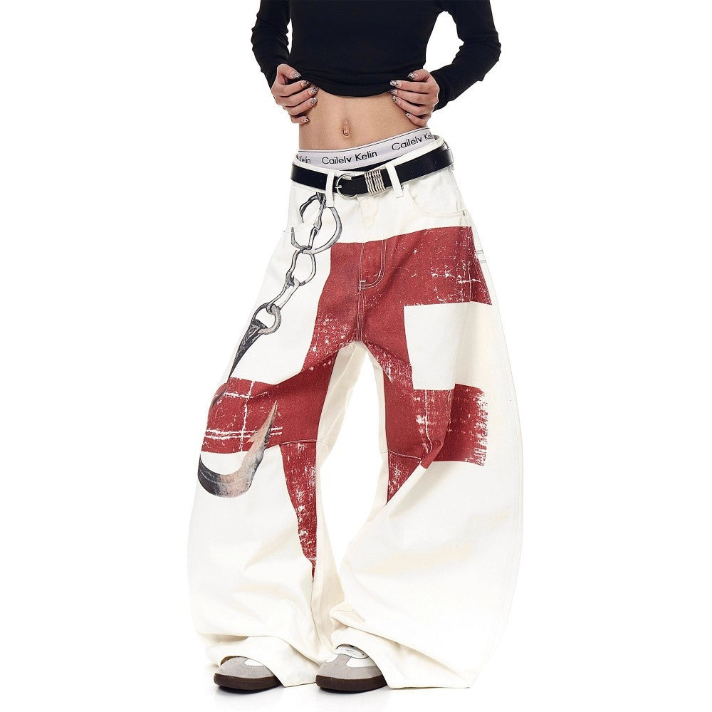 YAVIORA Red Cross Chain Wide Denim Pants