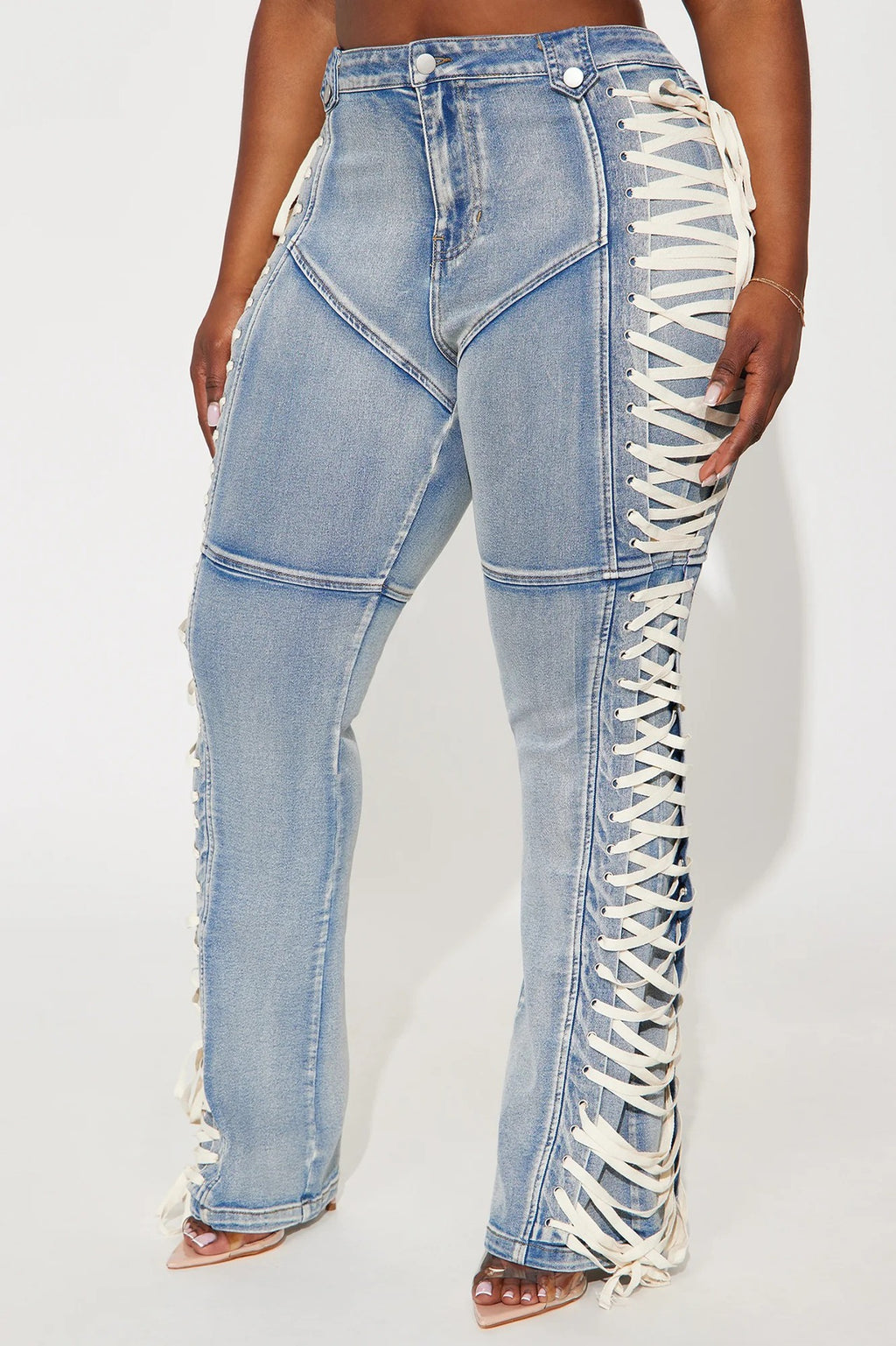 Y2K-style high-waisted, slim-fit lace-up bootcut jeans