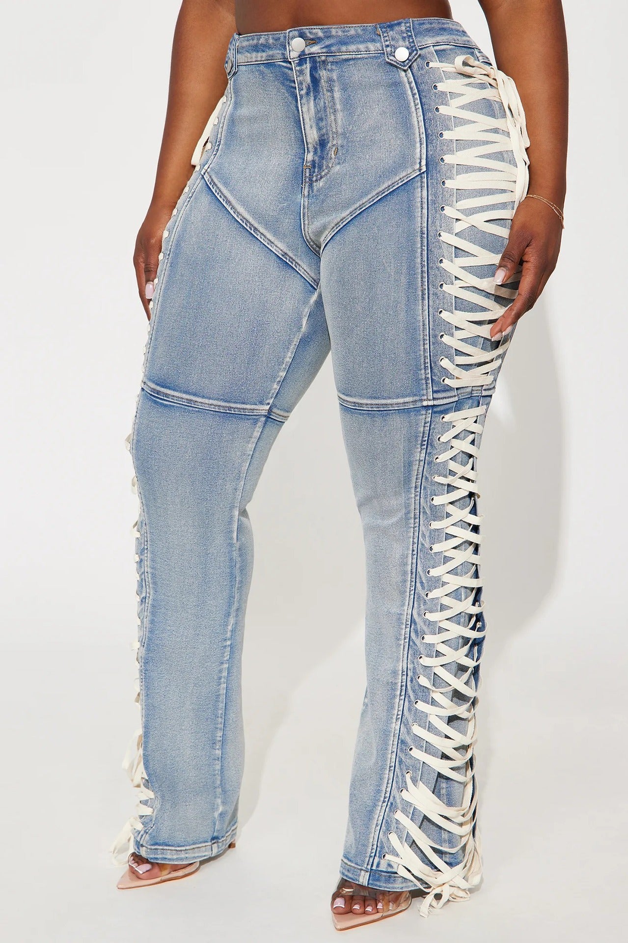 Y2K-style high-waisted, slim-fit lace-up bootcut jeans
