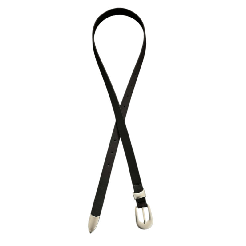 Black Western Belt Silver Buckle Slim Waist Belt Women