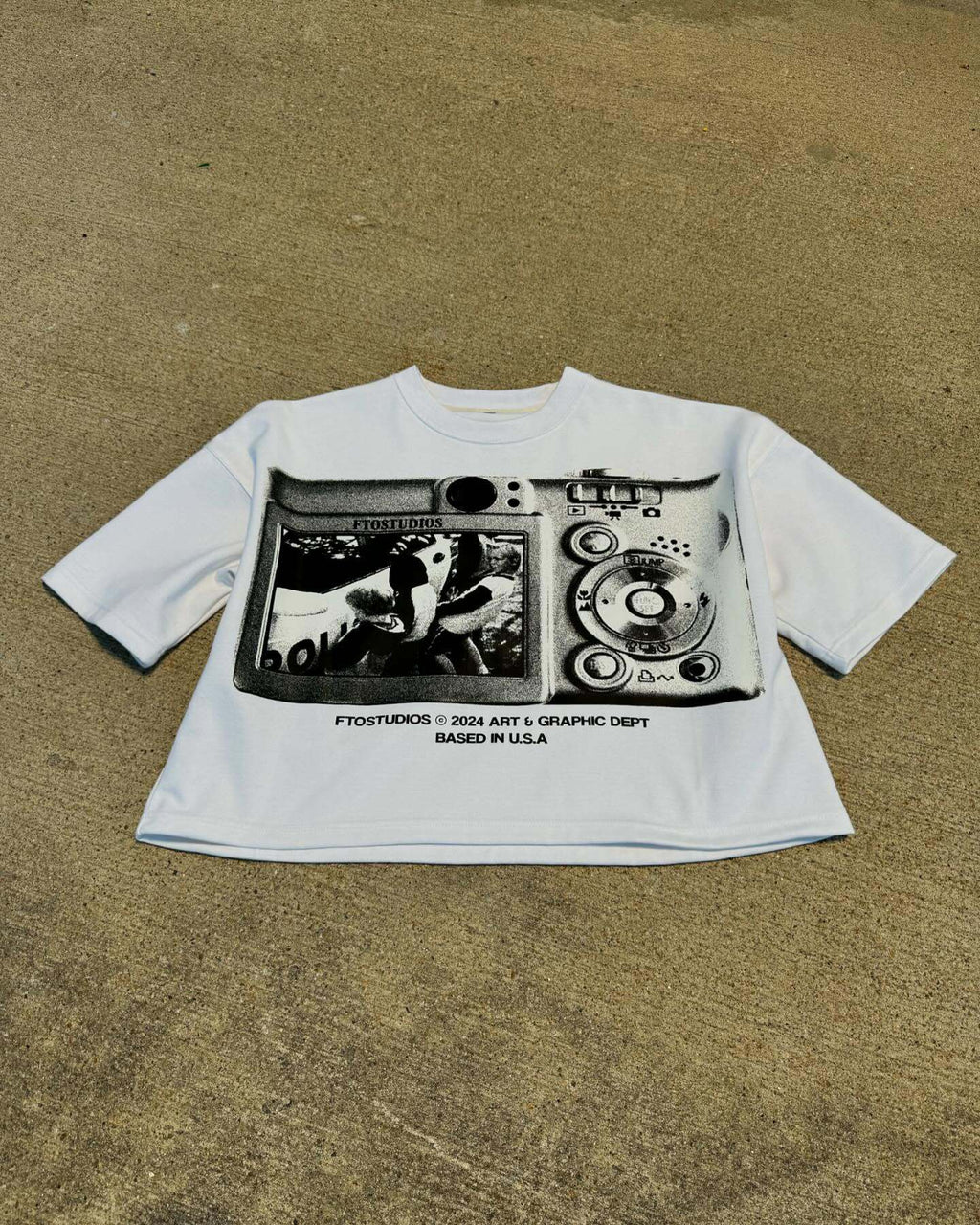 Street-style graffiti and vinyl record print T-shirt