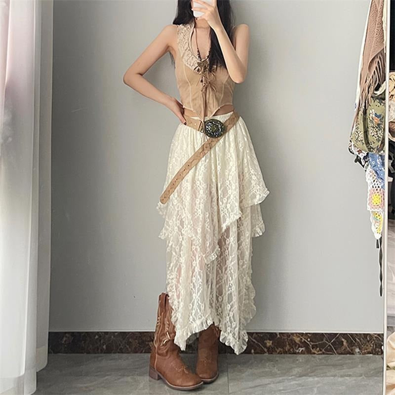 Bohemian-style high-waisted lace maxi skirt with a wavy hem.