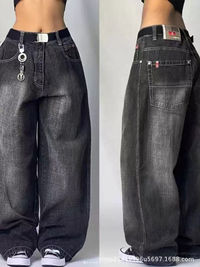 Vintage-Wash Denim Jeans with Y2K Hip-Hop Embroidery