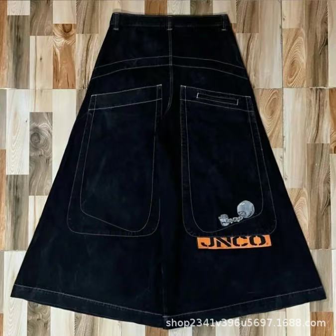 Vintage-Wash Denim Jeans with Y2K Hip-Hop Embroidery