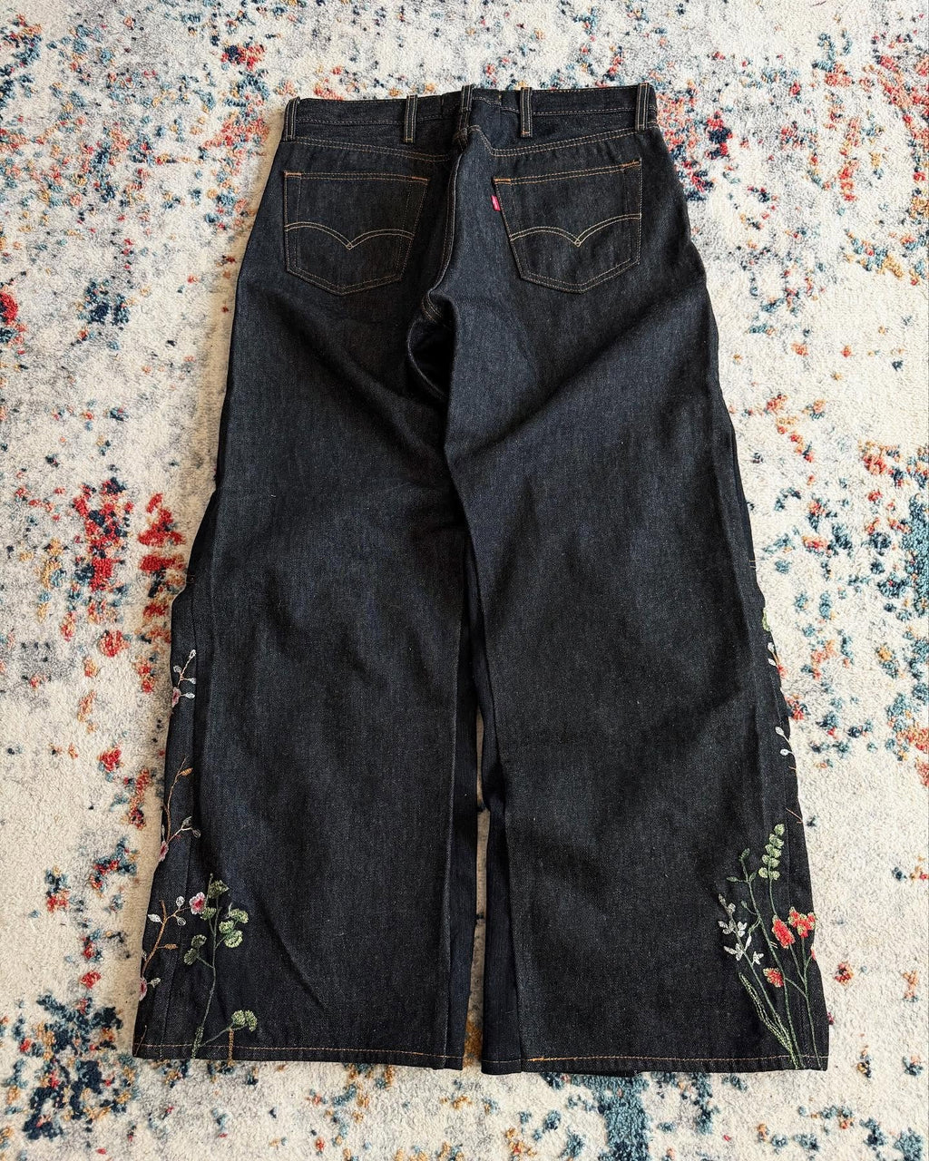 Y2K loose-fit wide-leg patchwork trousers with floral embroidery