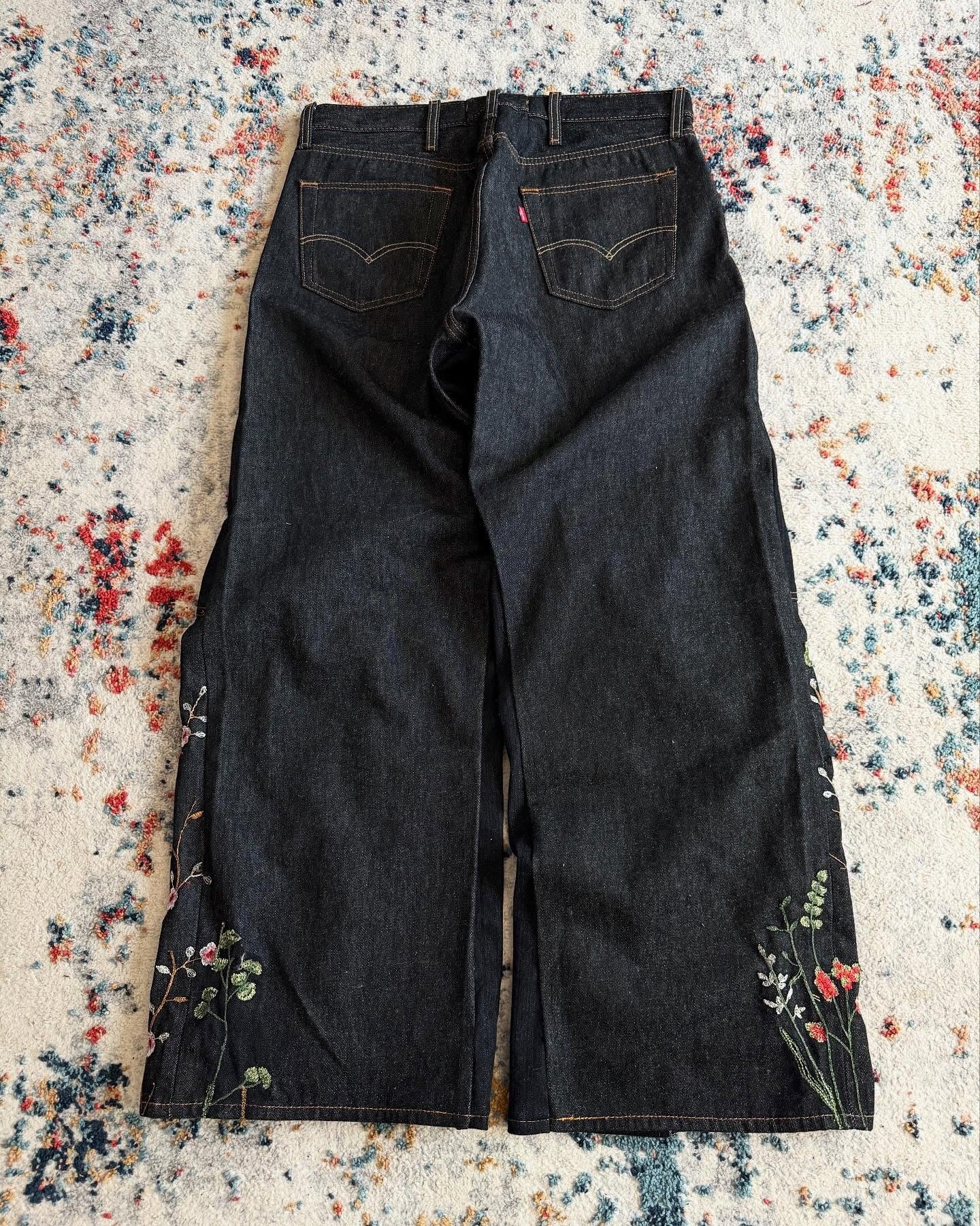 Y2K loose-fit wide-leg patchwork trousers with floral embroidery