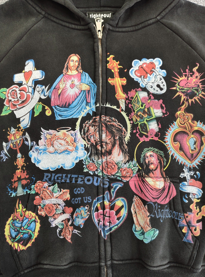Jesus Sacred Heart Rose Print Cropped Zip‑Up Hoodie Y2K Vintage Streetwear