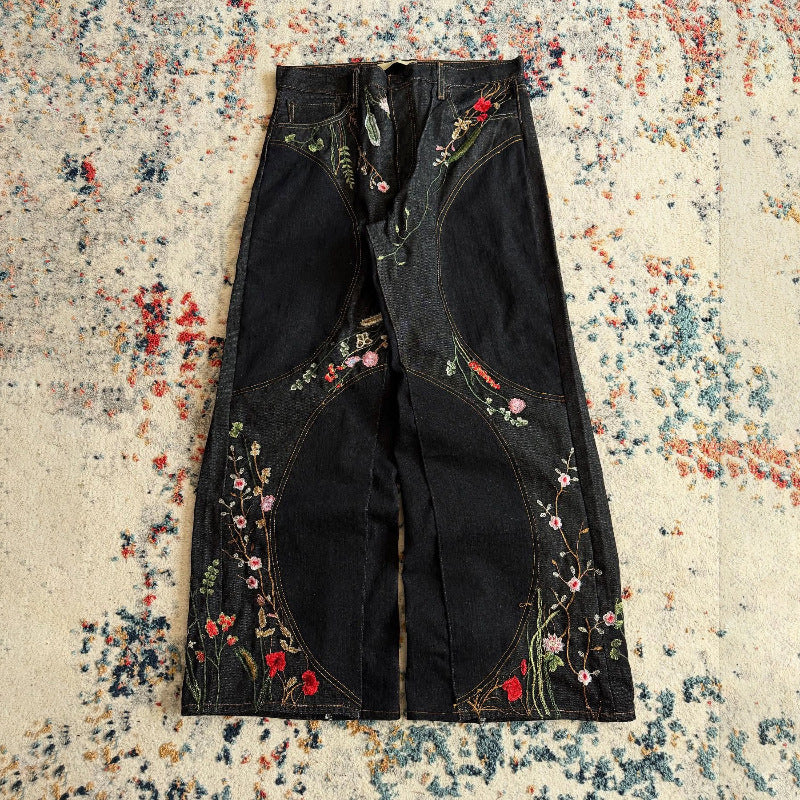 Y2K loose-fit wide-leg patchwork trousers with floral embroidery