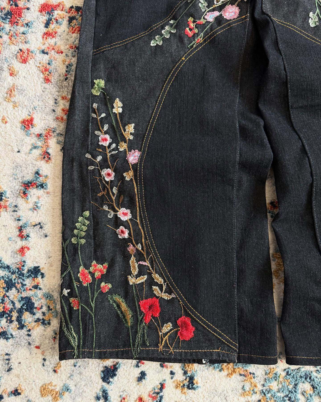 Y2K loose-fit wide-leg patchwork trousers with floral embroidery