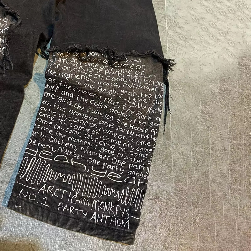Y2K Men's Hip-Hop Jeans with American-Style Graphic Lettering