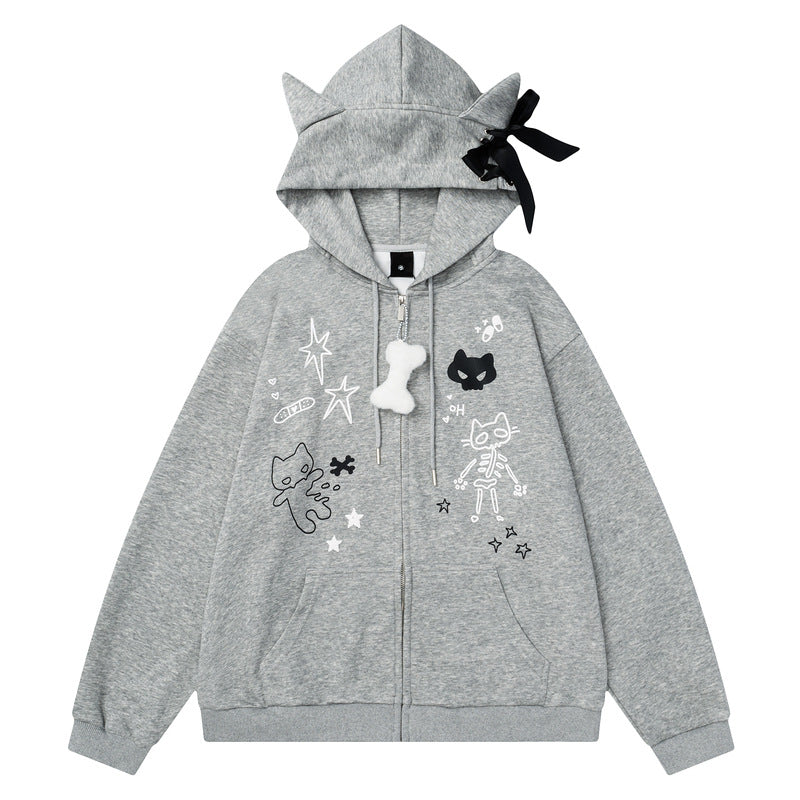YAVIORA Cat Print Zip Hoodie
