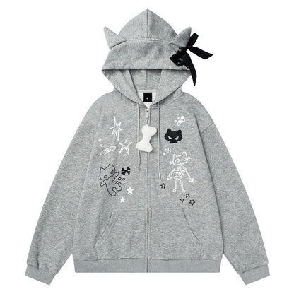 YAVIORA Cat Print Zip Hoodie