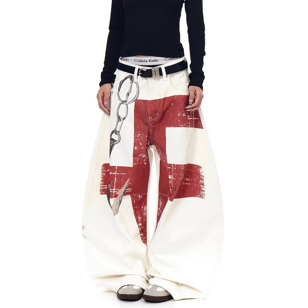 YAVIORA Red Cross Chain Wide Denim Pants