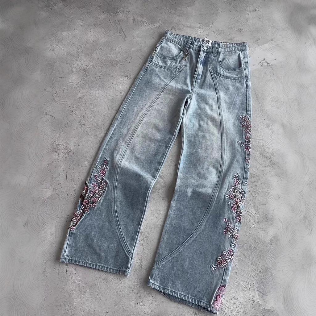 Vintage-Style Wide-Leg Jeans with Intricate Embroidery
