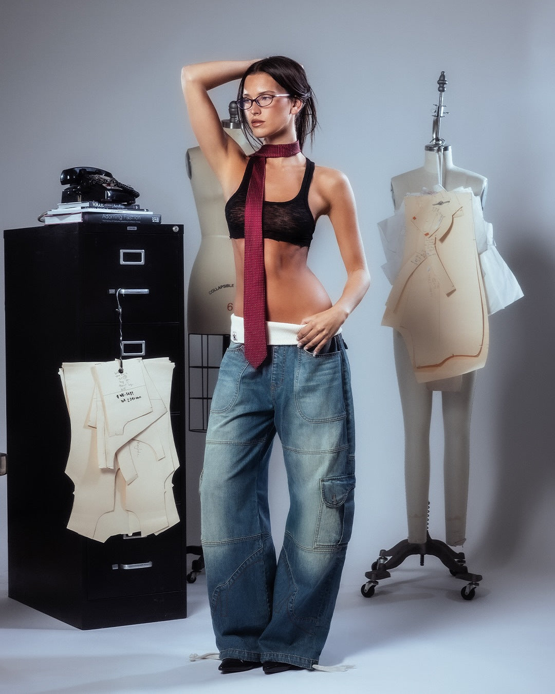 Y2K Patchwork Loose-Fit Low-Rise Jeans with Fold-Over Waistband