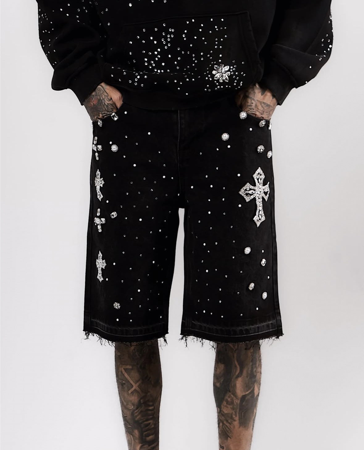 Full rhinestone hip-hop cross hot-fix denim shorts