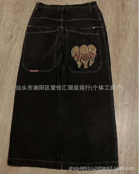 Vintage-Wash Denim Jeans with Y2K Hip-Hop Embroidery