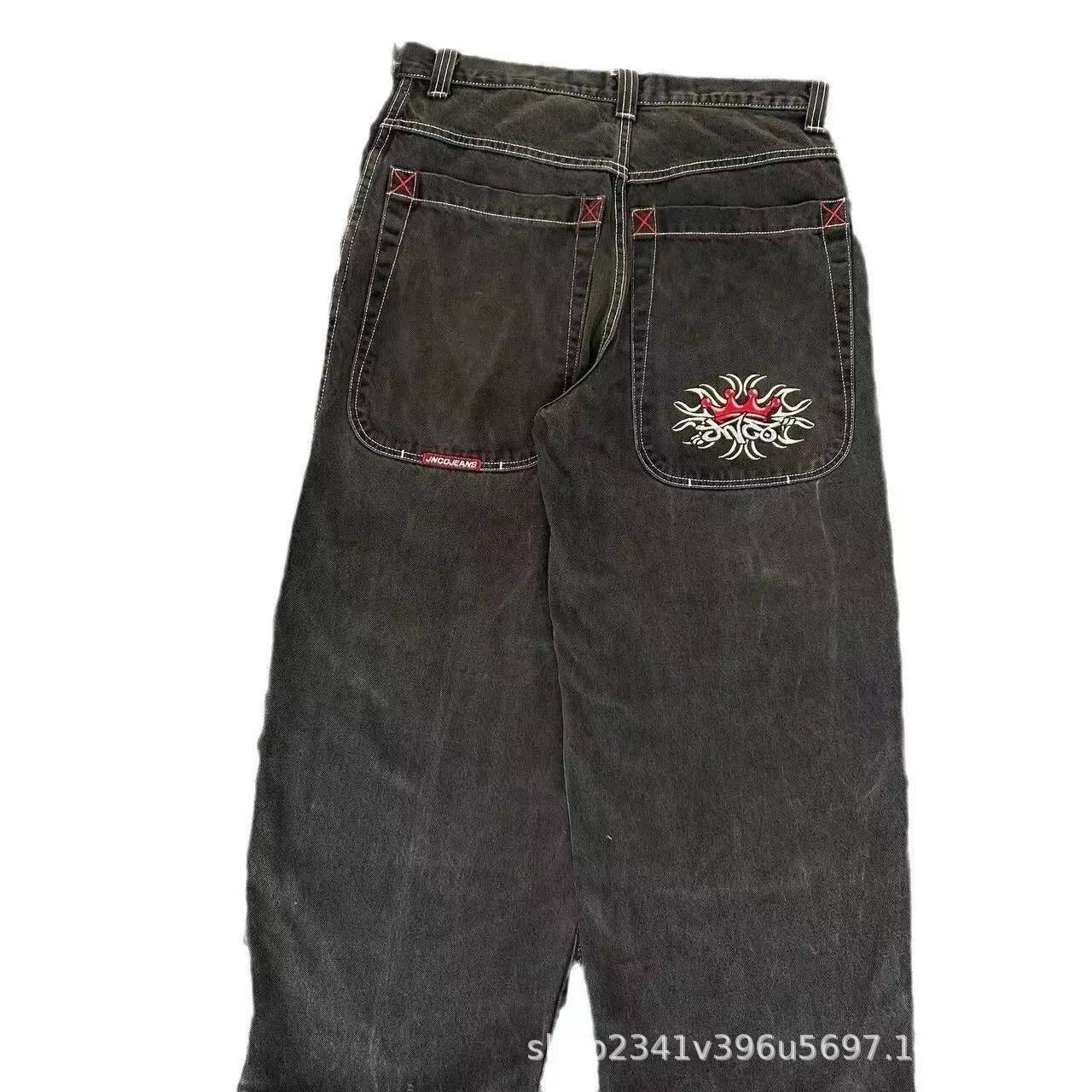 Vintage-Wash Denim Jeans with Y2K Hip-Hop Embroidery
