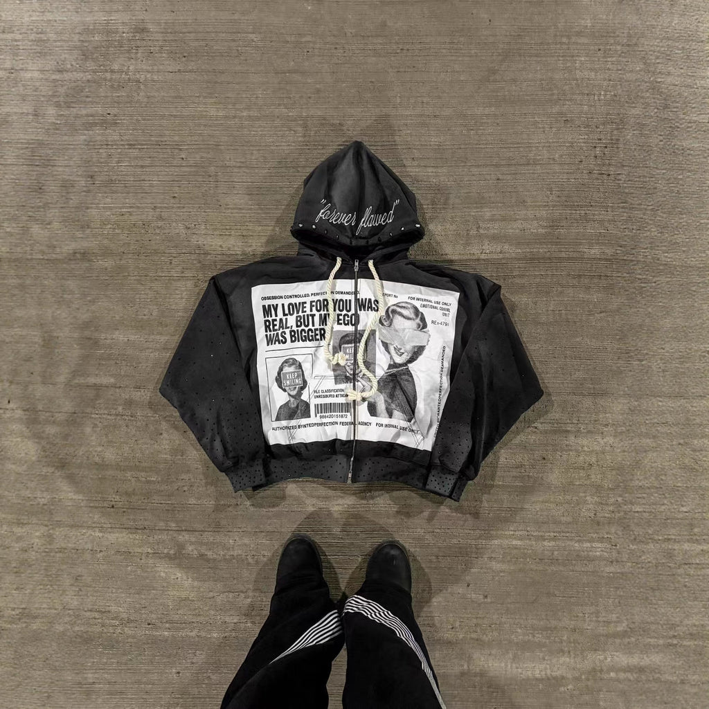 Y2K Newspaper Portrait Print Hoodie Sweatpants