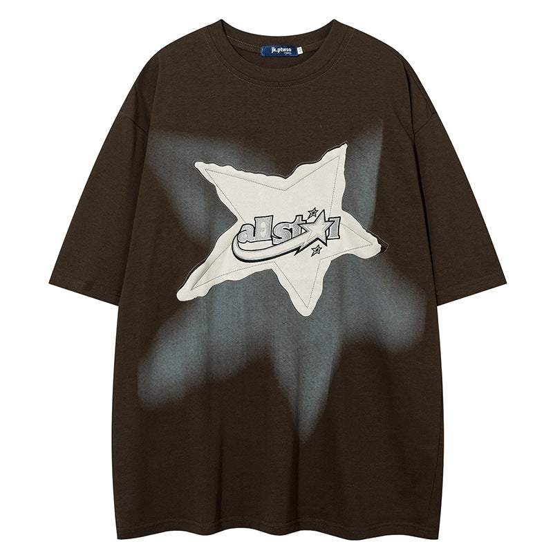 Yaviora American Retro Star Appliqué Short-Sleeve T-Shirt