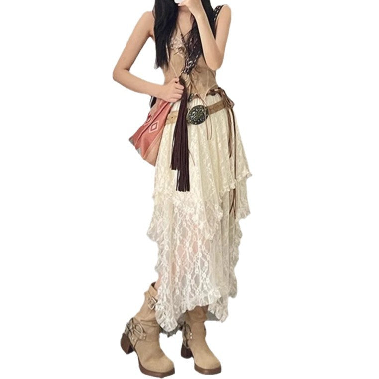 Bohemian-style high-waisted lace maxi skirt with a wavy hem.