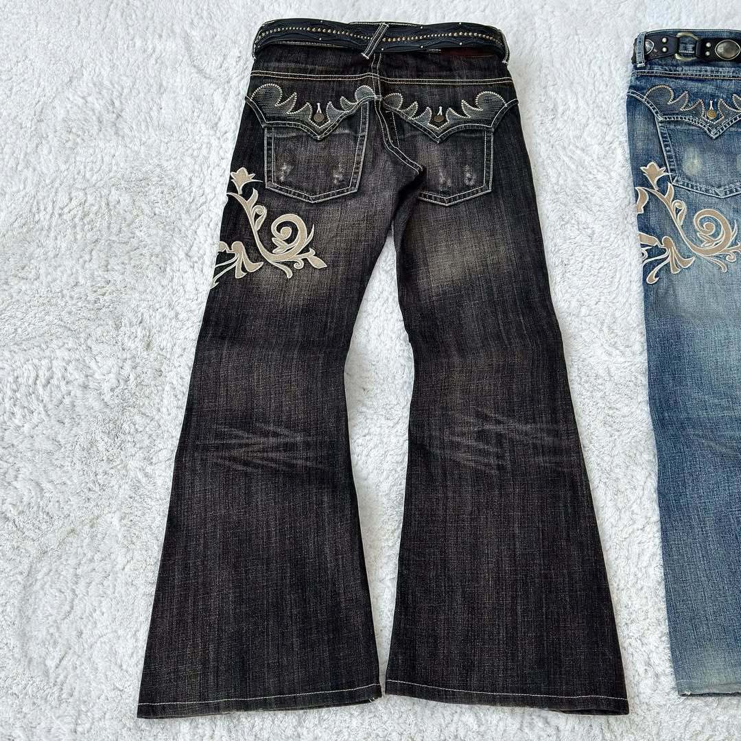 Y2K Dark-Style Patchwork Embroidered Flare Jeans