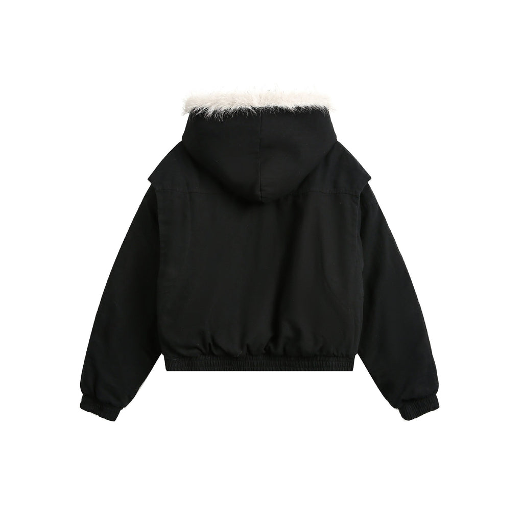 Black jacket with white fur trim on a white background