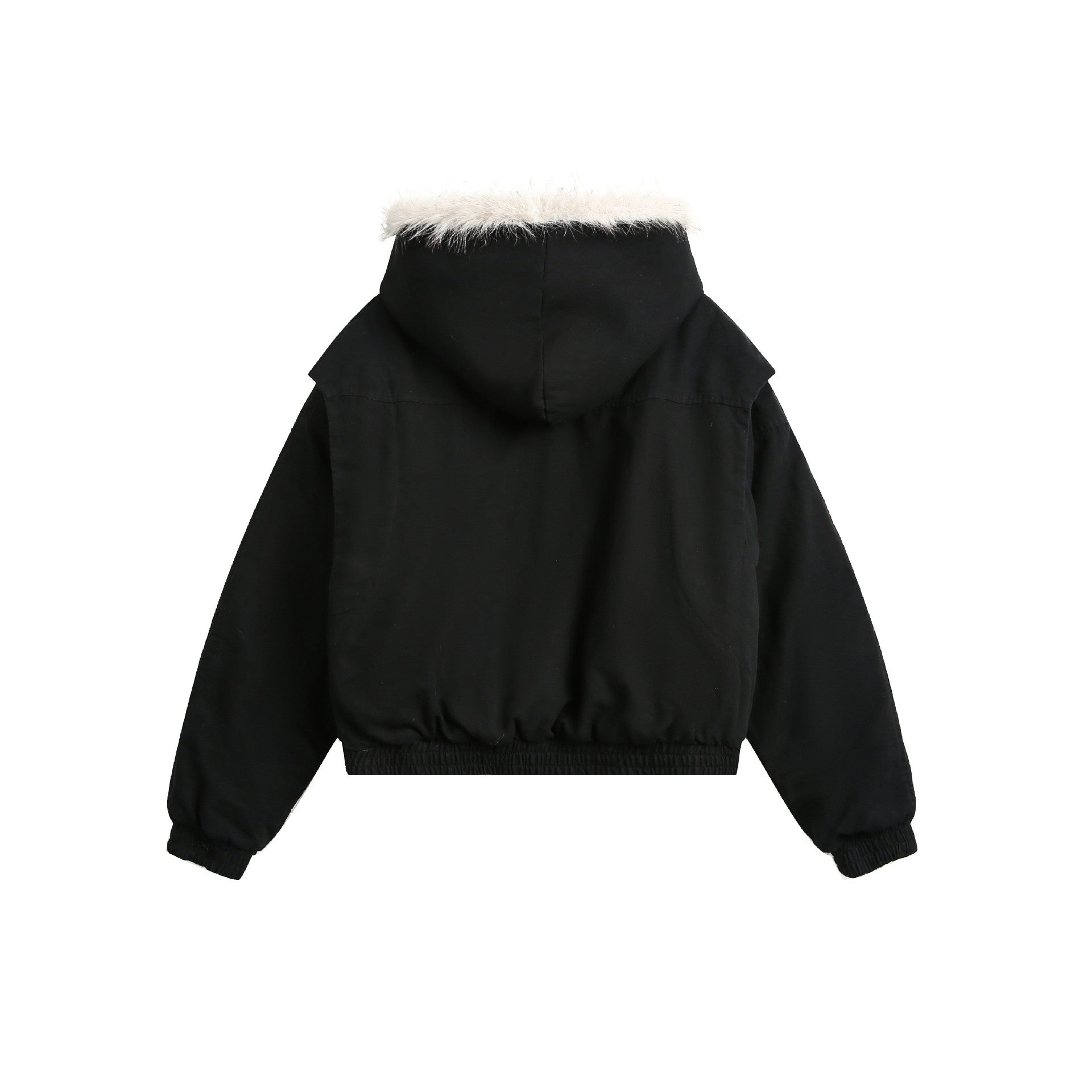 Black jacket with white fur trim on a white background