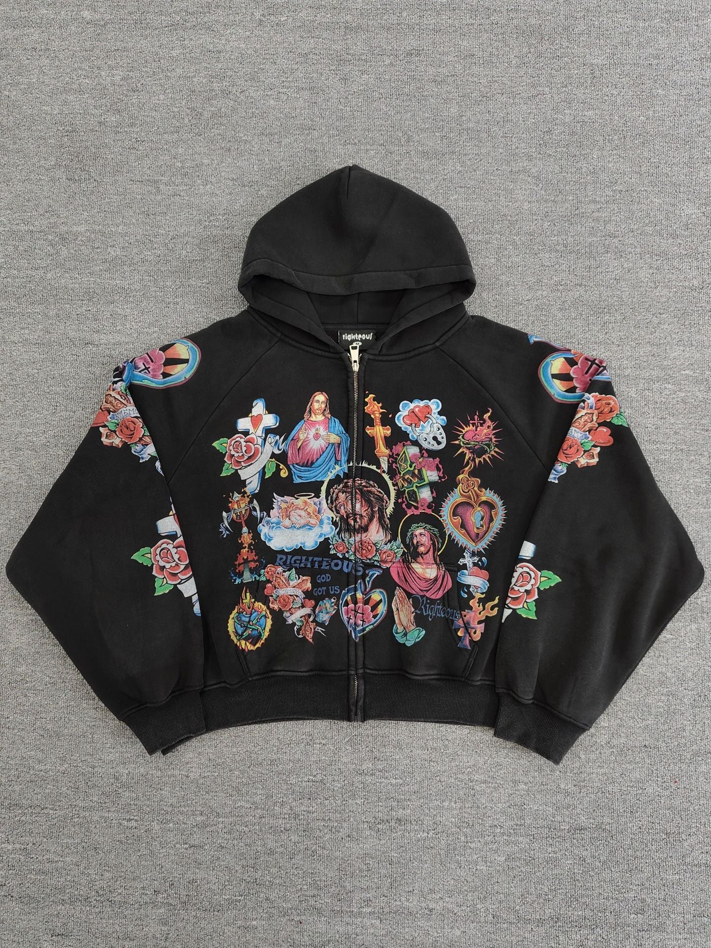 Jesus Sacred Heart Rose Print Cropped Zip‑Up Hoodie Y2K Vintage Streetwear