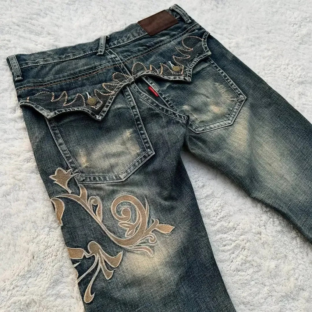 Y2K Dark-Style Patchwork Embroidered Flare Jeans