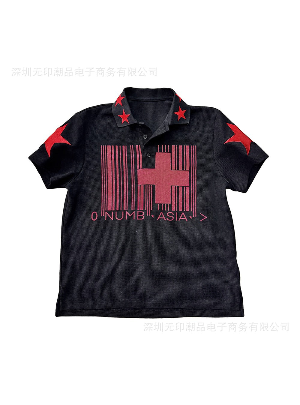 Dark-Style Polo Shirt with Cross and Star Print