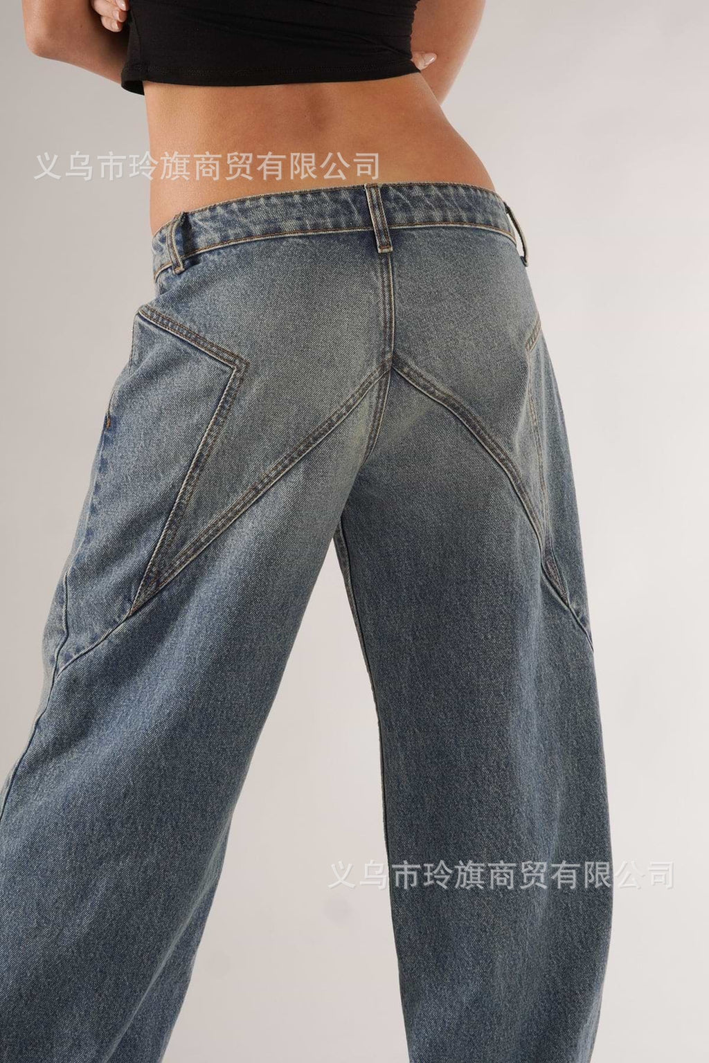 Y2K Patchwork Loose-Fit Low-Rise Jeans with Fold-Over Waistband