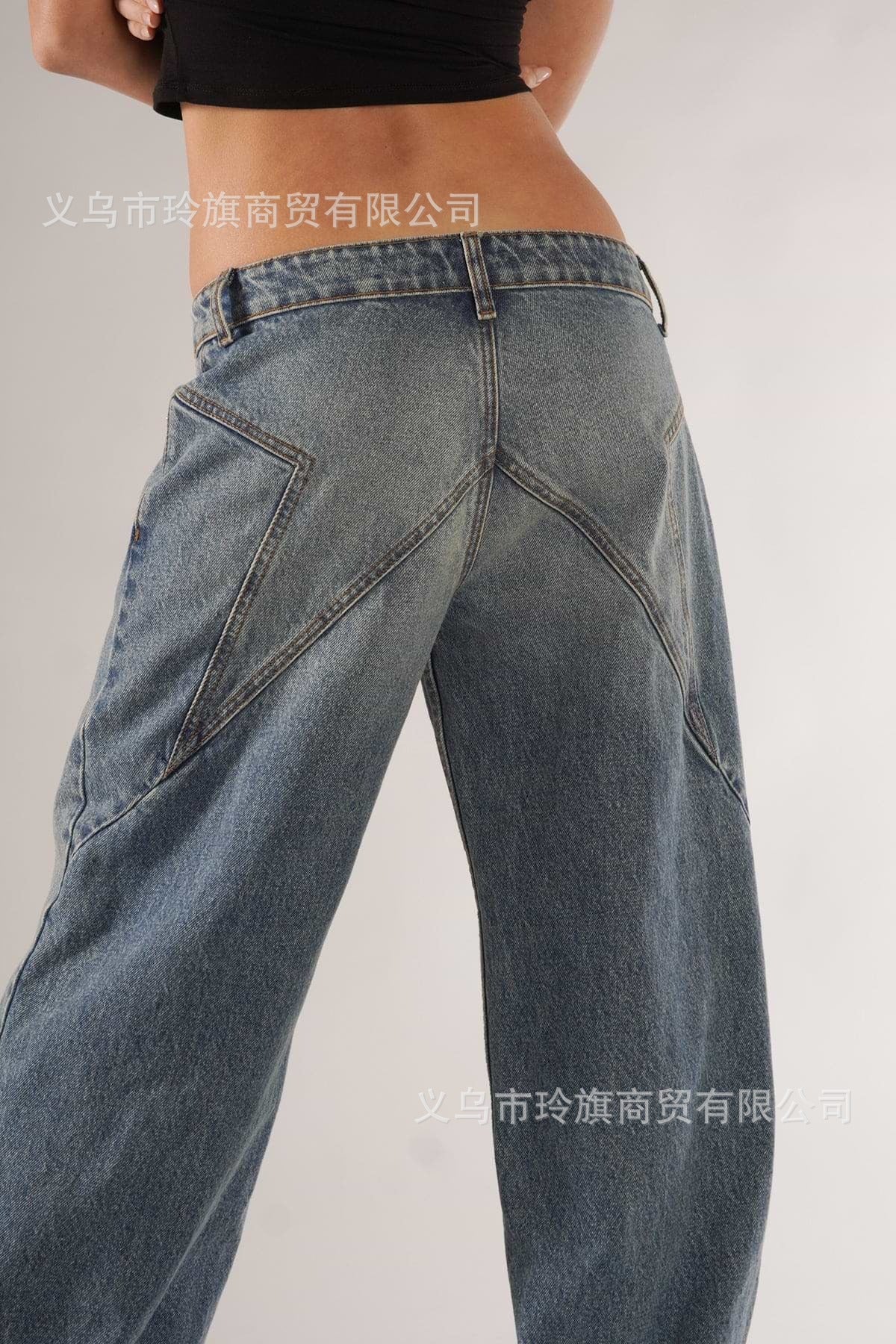 Y2K Patchwork Loose-Fit Low-Rise Jeans with Fold-Over Waistband