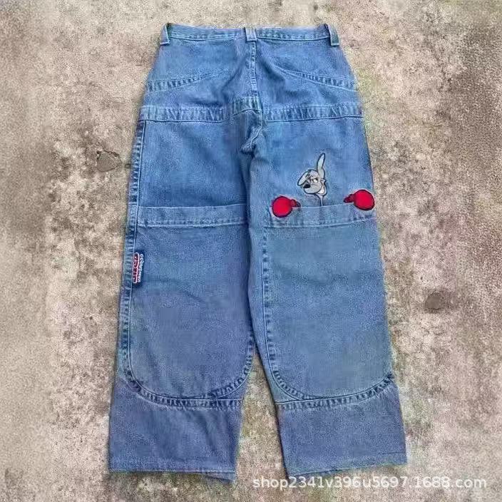 Vintage-Wash Denim Jeans with Y2K Hip-Hop Embroidery