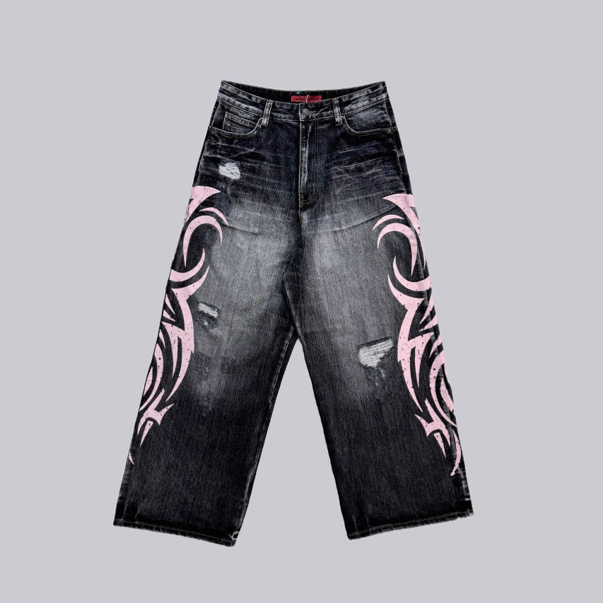 Y2K Hip-Hop Style Washed, Distressed, and Printed Jeans
