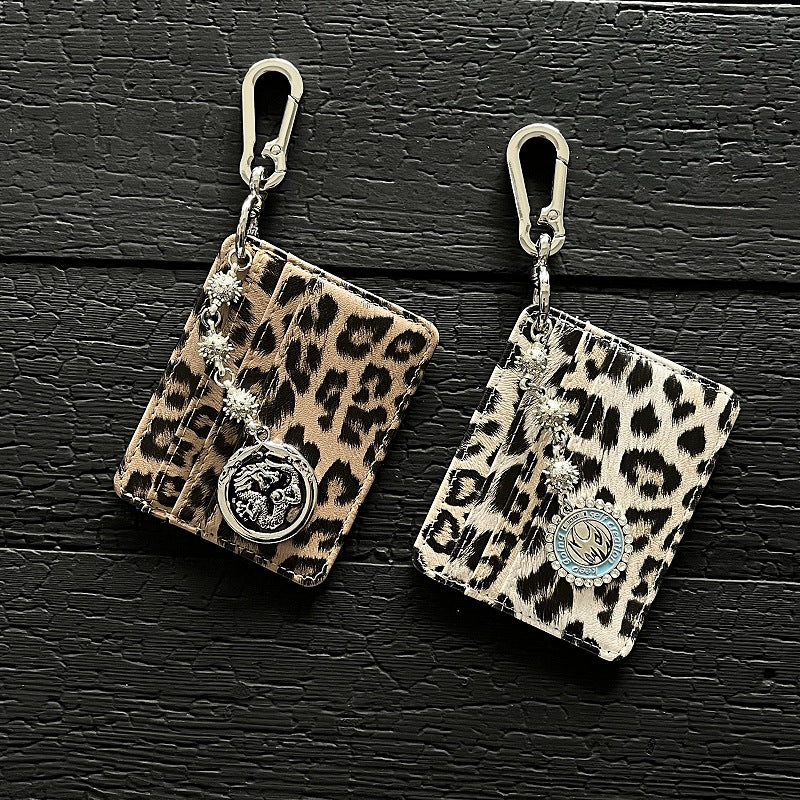 Leopard Print Keychain Card Holder with Dragon Charm
