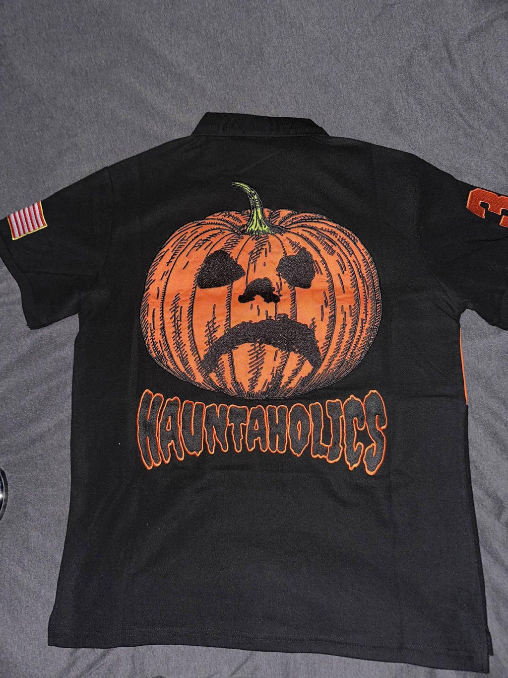 Fully embroidered Halloween pumpkin-head polo shirt