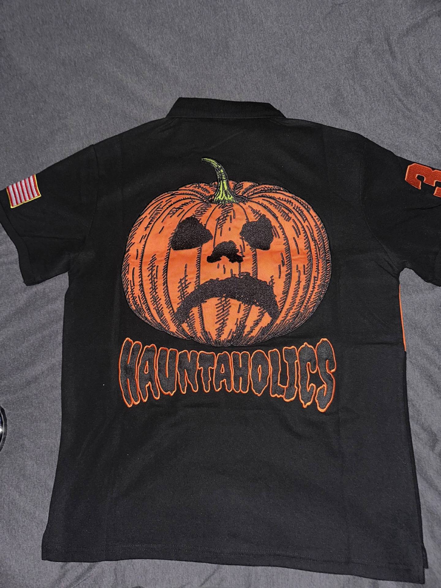 Fully embroidered Halloween pumpkin-head polo shirt