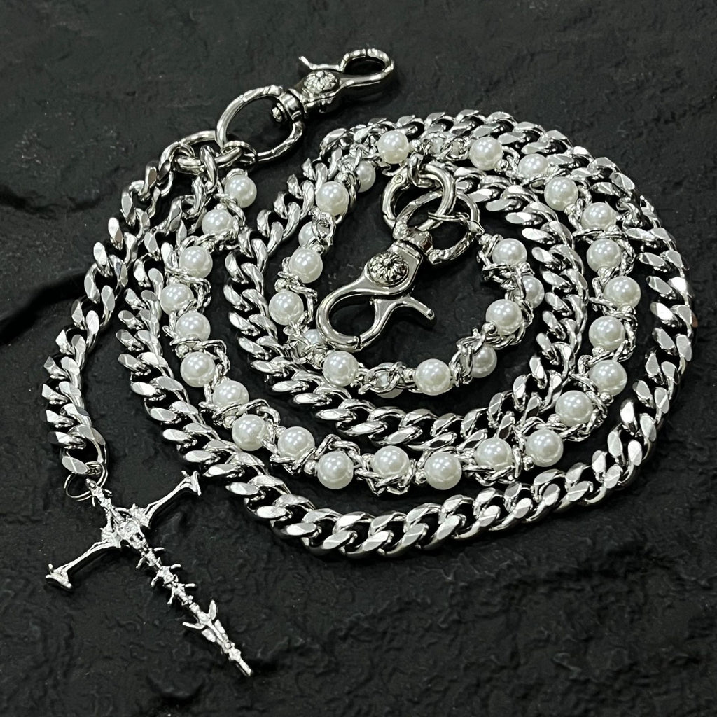 Silver Layered Wallet Chain Pearl Cross Pendant Men