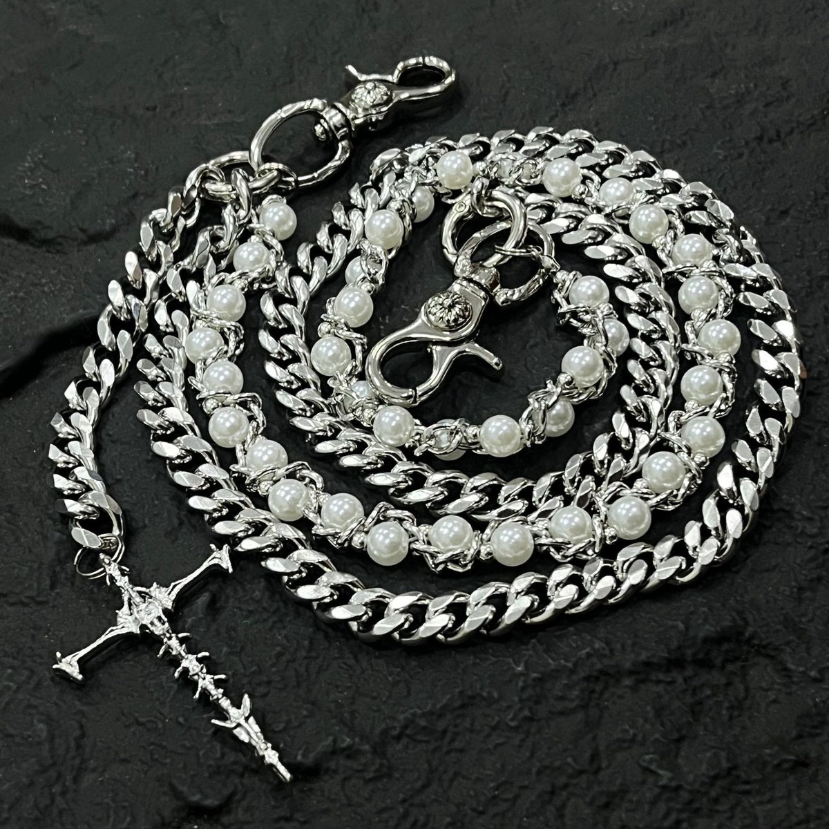 Silver Layered Wallet Chain Pearl Cross Pendant Men