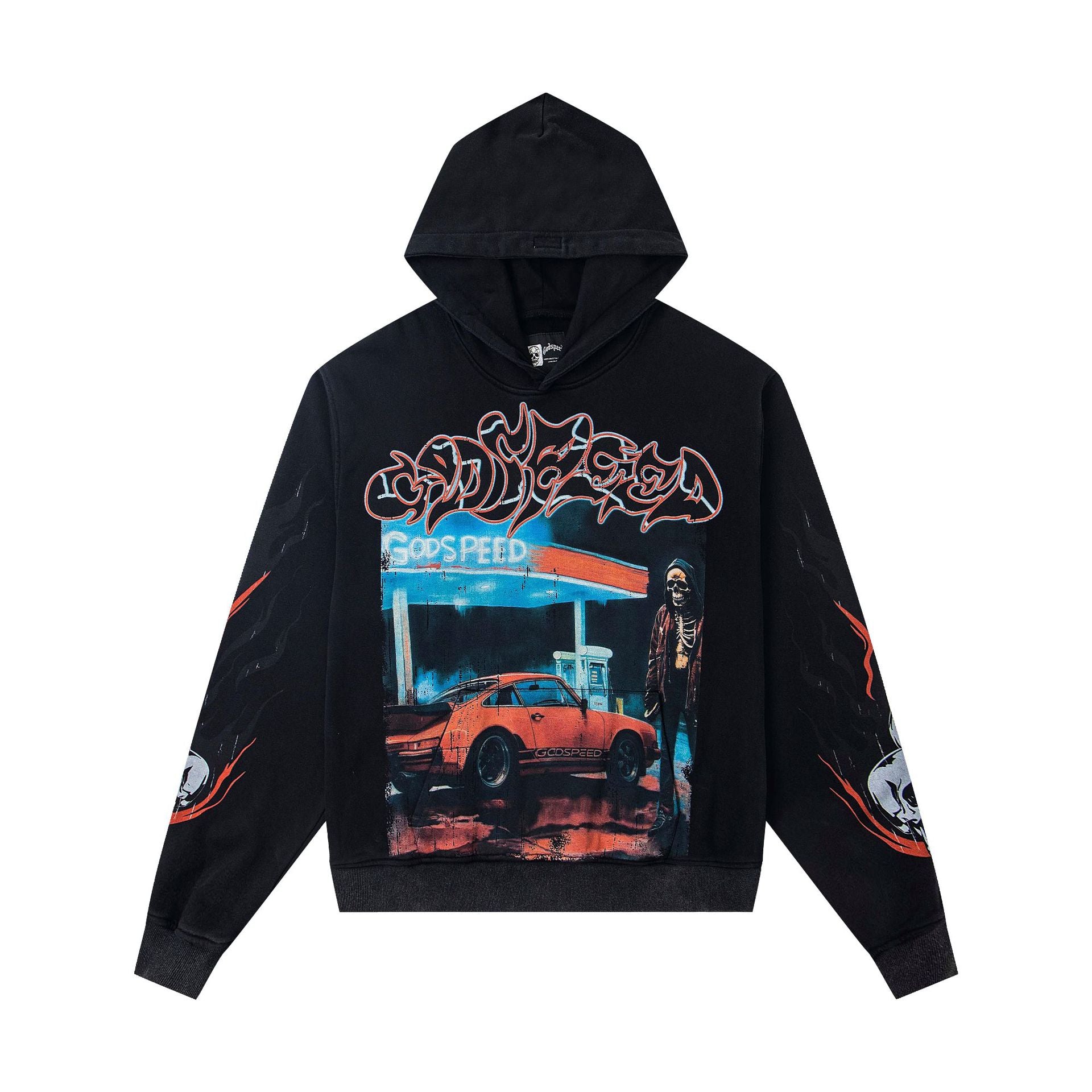 Vintage-Washed Pure Cotton Hip-Hop/Streetwear Hoodie with Print