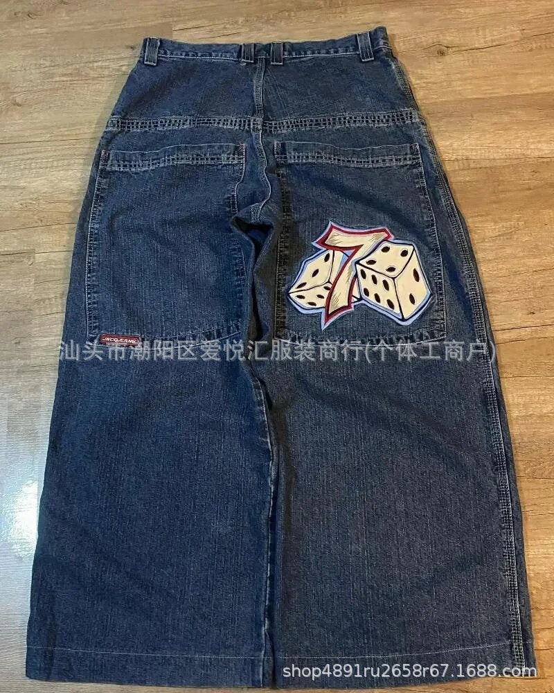 Vintage-Wash Denim Jeans with Y2K Hip-Hop Embroidery