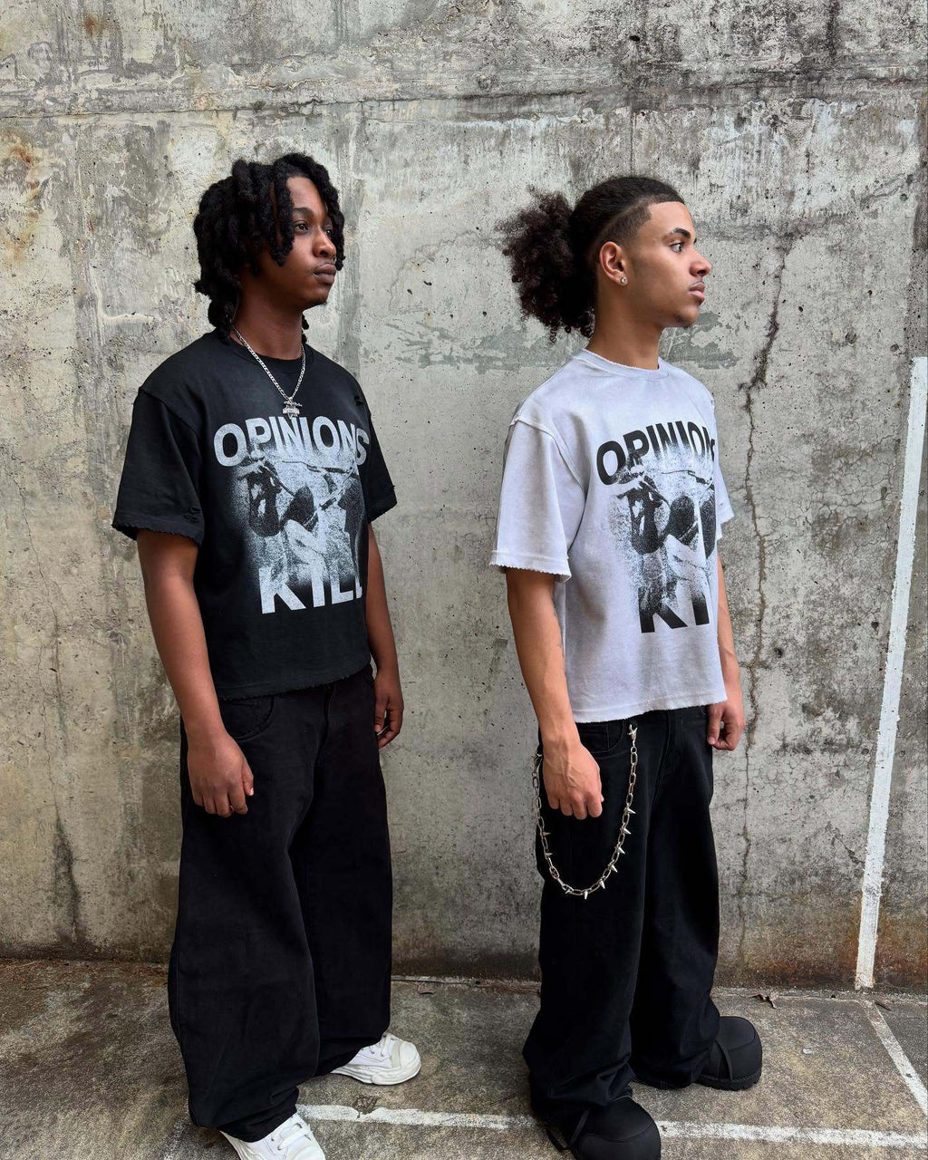 Street-style graffiti and vinyl record print T-shirt