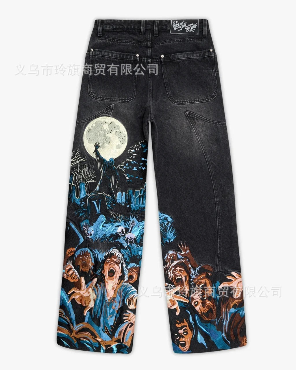 Vintage-Style Wide-Leg Jeans with Intricate Embroidery