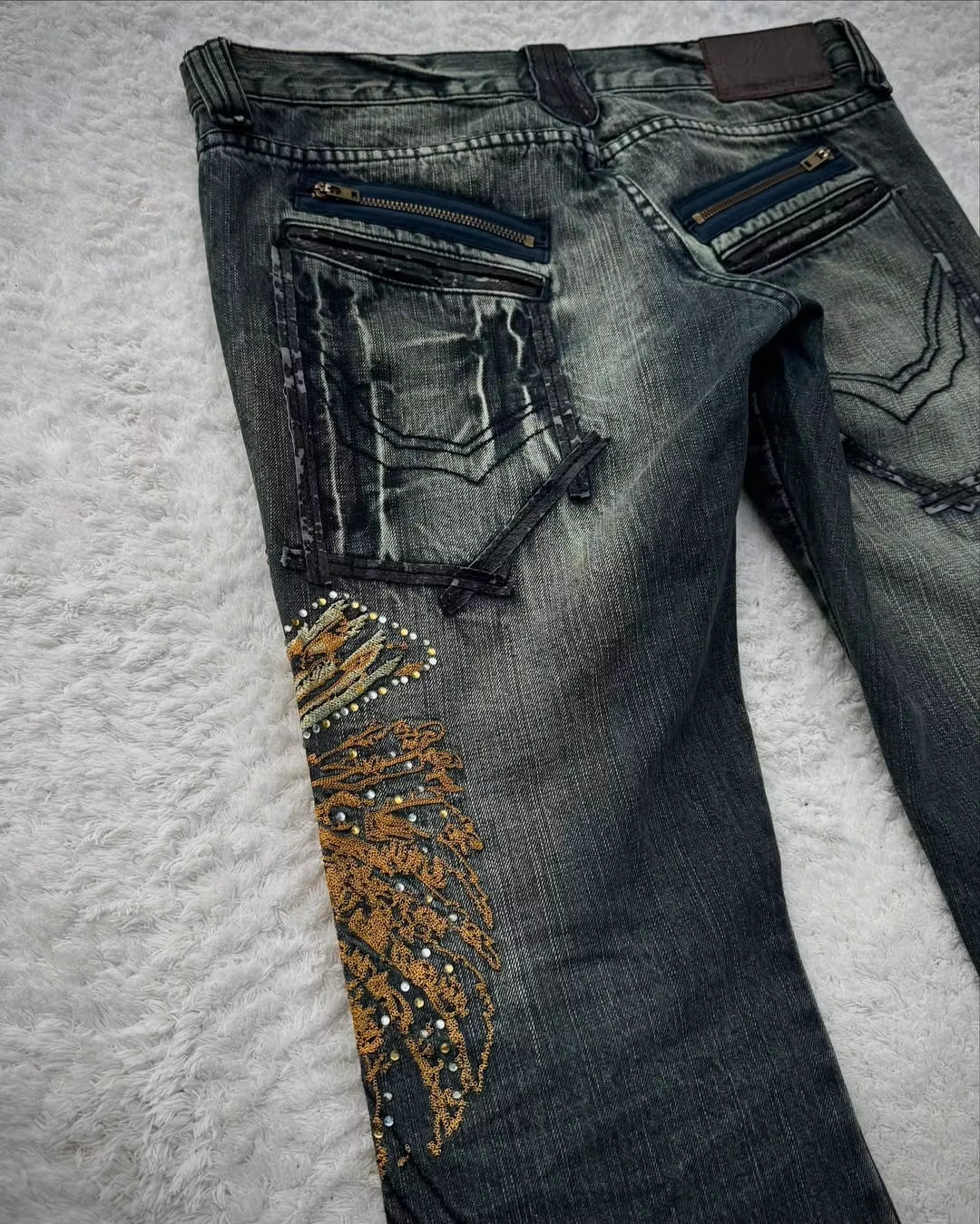 Y2K Dark-Style Patchwork Embroidered Flare Jeans