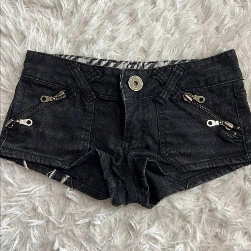 Y2K Gothic Flag-Print Color-Block Low-Rise Slim-Fit Denim Shorts