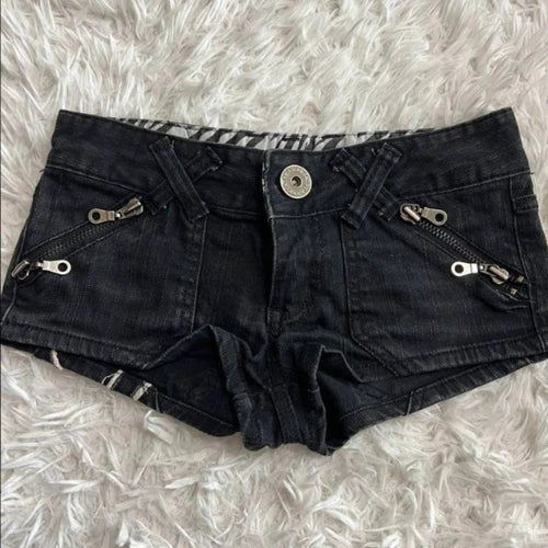 Y2K Gothic Flag-Print Color-Block Low-Rise Slim-Fit Denim Shorts