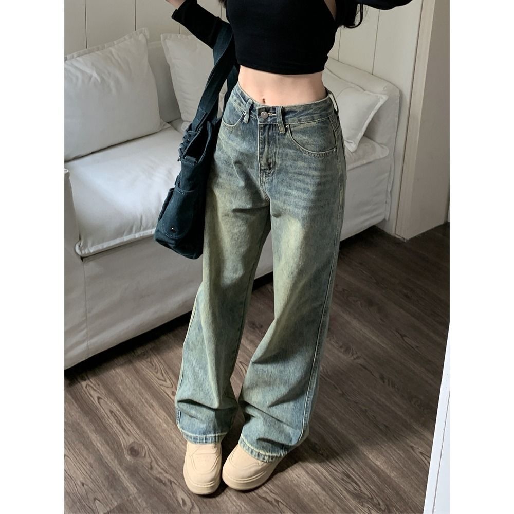 American Retro Y2K Blue Wide-Leg Denim Pants