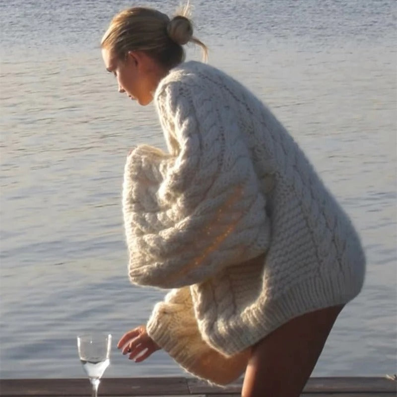 Loose Cable-Knit Sweater with Oversized Flared Sleeves